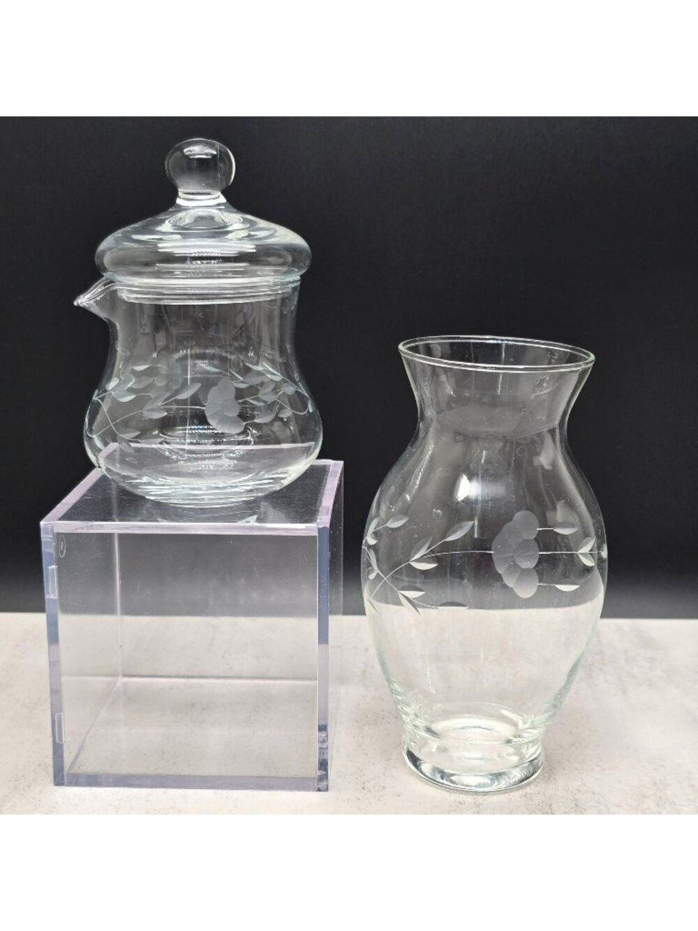 Vintage Princess House Glass Etched Condiment Jar & Vase Set VL5182